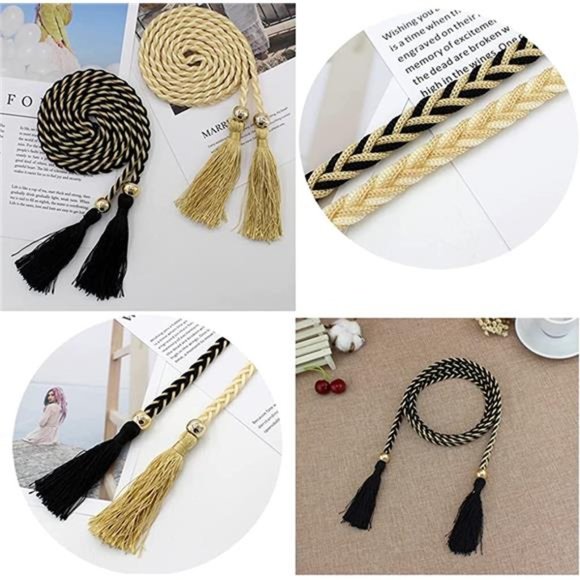 Women Girls Braided Knotted Waist Belt Skinny Color Rope Exotic Chain Tassel main image 4